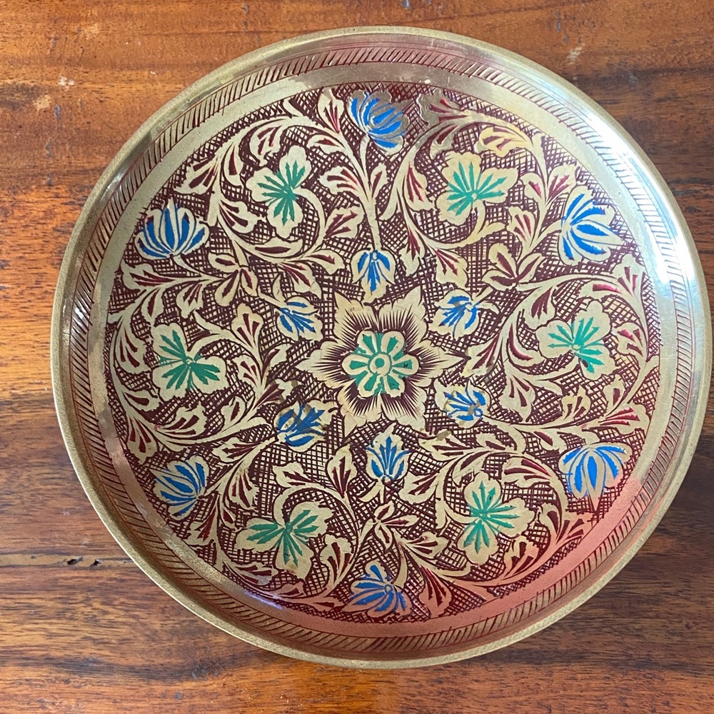 Intricate Floral Brass raised Plate. 6" made in India.